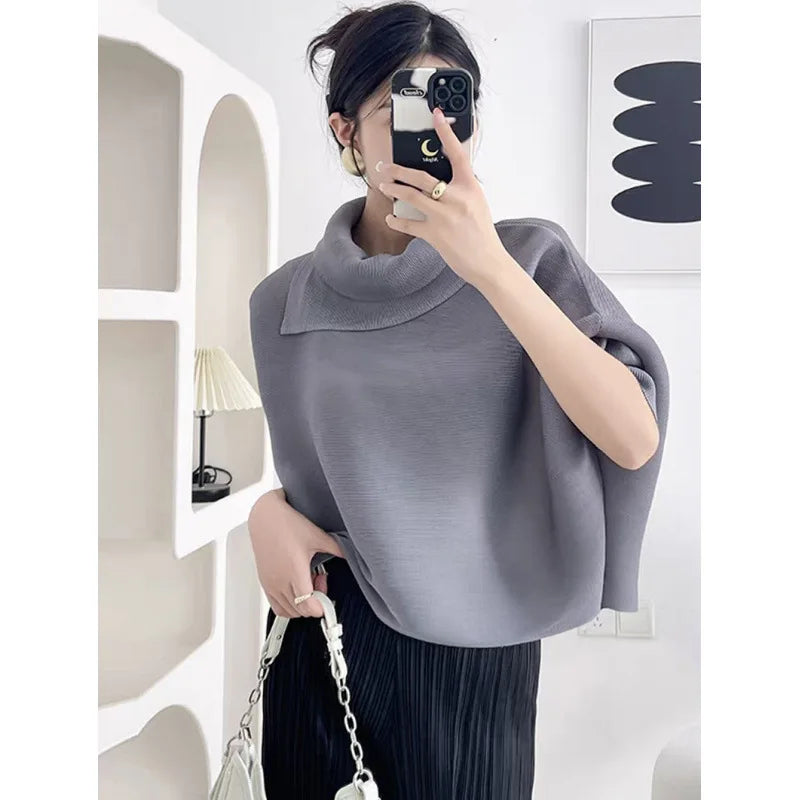 Miyake Pleated Scarf Collar Top 2026 New Simple Casual Batwing Sleeve Top T-Shirt Women's Plus Size Stretch Fashion Clothing