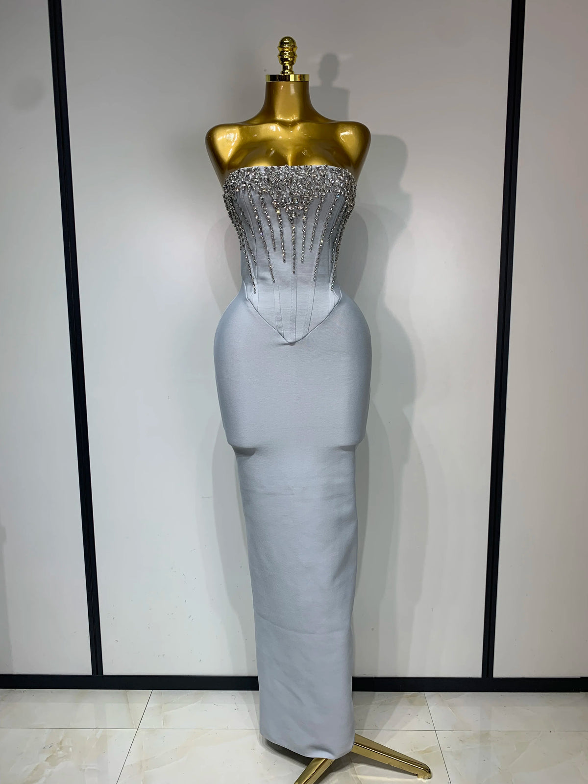 Women Sexy Strapless Backless Long Bandage Dress Fashion Light Grey Sleeveless Beading Cocktail Party Luxury Birthday Gown