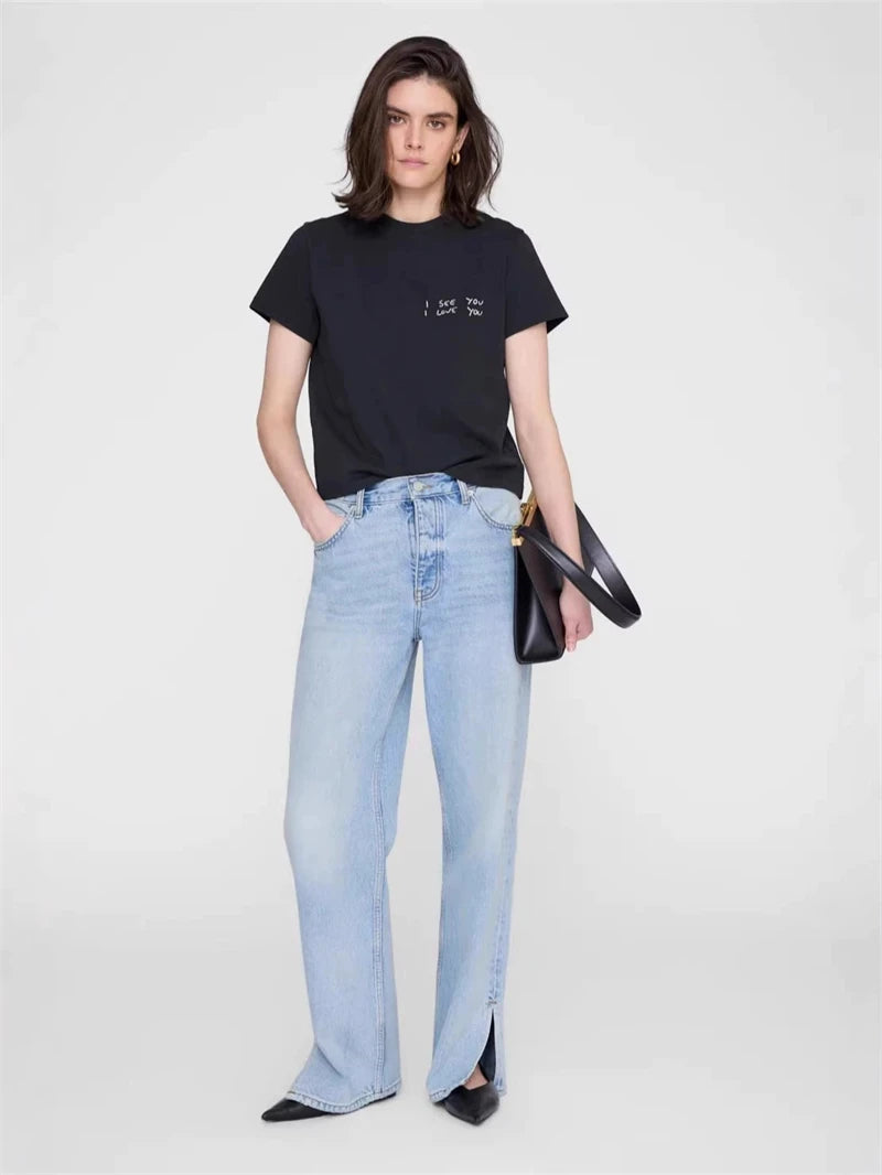 New North America Style I SEE YOU I LOVE YOU Letter Embroidery T-shirt High Quality Short Sleeved Women Pure Cotton Basic Tees