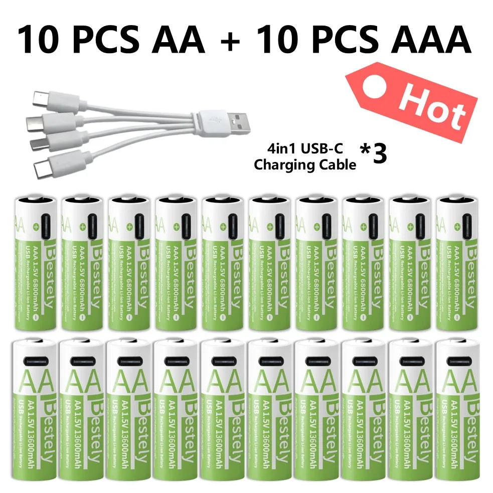 1.5V AA/AAA Li-ion Batteries 13600+6800mAh Ultra-Fast Charge 2000+ Cycles W/ Free USB-C Cable for Toys, Remote Controls, Cameras