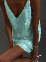 Sexy Women Sequin Lace Trim Mini Dress Chic V-neck Sleeveless High Waist Mini Sling Dresses 2026 Daily Summer Lady Vacation Robe