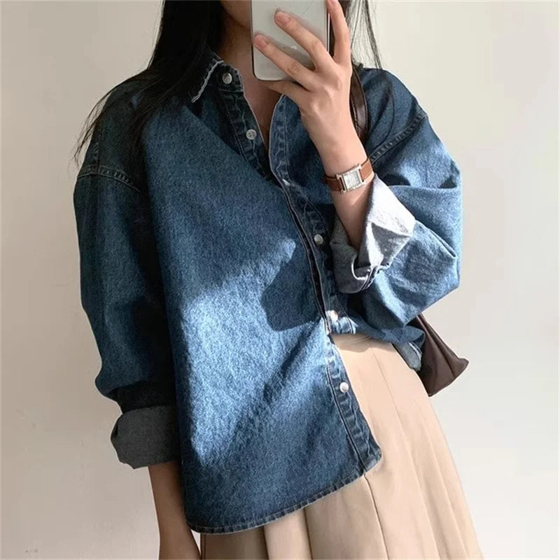 Korean Loose Casual Women's Denim Shirt Vintage Outerwear Spring Fashion Blusas Tops Long Sleeve Thin Casual Coats Street