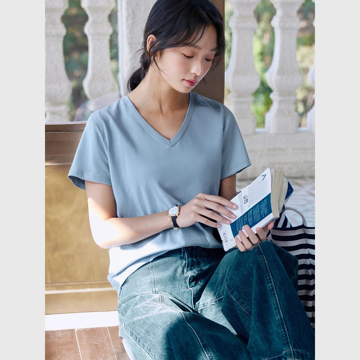VIMLY Women's Casual V-neck Loose T-Shirt 2026 Summer Short Sleeve Cotton Blend Simple Commute Pullover Versatile Tees Top A0811