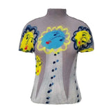 LANMREM niche printting short sleeve pleated t-shirt tee for famle 2025 summer new trend stretch Turtleneck tops women YJ782