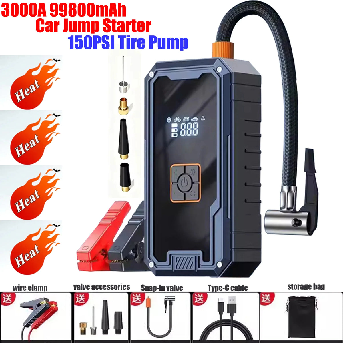 Professional 3000A 99800mAh Car Jump Starter 150PSI Tire Pump 4 in 1 12V Battery Booster Jump Box Power Pack LED Emergency Light