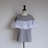 Ayako Gyp Tulle Tee Spliced Sleeve T-Shirt Women's Casual Cotton Short Sleeve round Neck Moisture Wicking T-Shirt