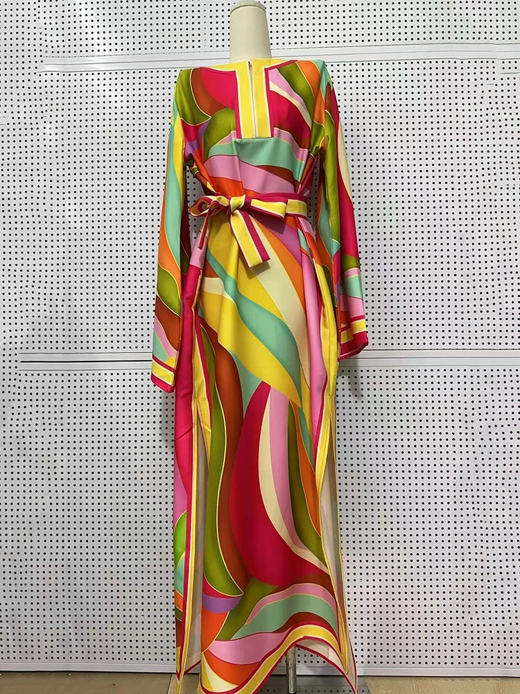 Retro geometric positioning printed lace up semi open collar pullover dress for women's fashion, loose fit plus slit skirt