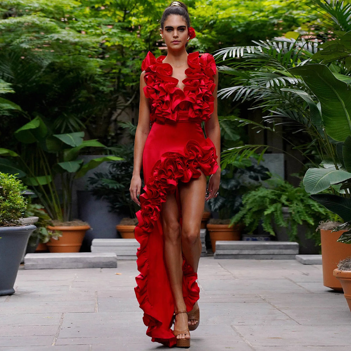 MUOLUX 2024 Sexy Red One Piece Shoulder Swimsuit 3D Flower Print Vintage Monokini Bodysuit Women's Beach Bathing Suit with Skirt