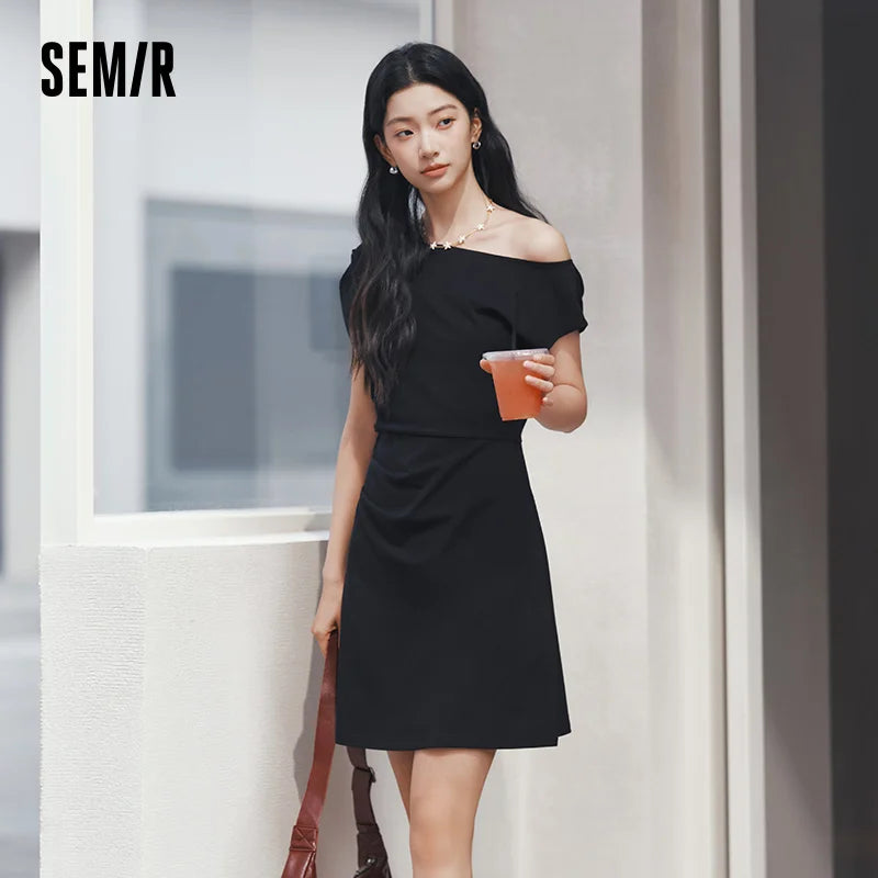 Semir Women Dress One Shoulder Oblique Neck Waist Pleated Solid Cool Feeling Mini 2026 Summer Minimalist Temperament Fashion Top