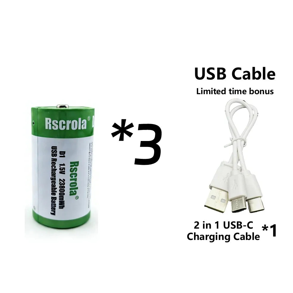 USB D Li-ion Rechargeable Batteries, High Capacity 1.5V 23800mWh Rechargeable D Battery, 4 H Fast Charge with Type C Port Cable