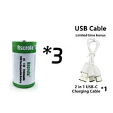 USB D Li-ion Rechargeable Batteries, High Capacity 1.5V 23800mWh Rechargeable D Battery, 4 H Fast Charge with Type C Port Cable