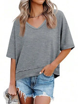 Womens Summer V-Neck Loose Short Sleeve Flowy T-Shirt Casual Basic Top