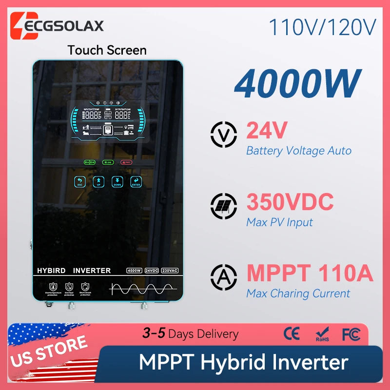 ECGSOLAX 4KW Hybrid Solar Inverter 24V 110V/120V With MPPT 110A Solar Charger Touch Screen LCD Hybrid Inverter With/Without WiFi