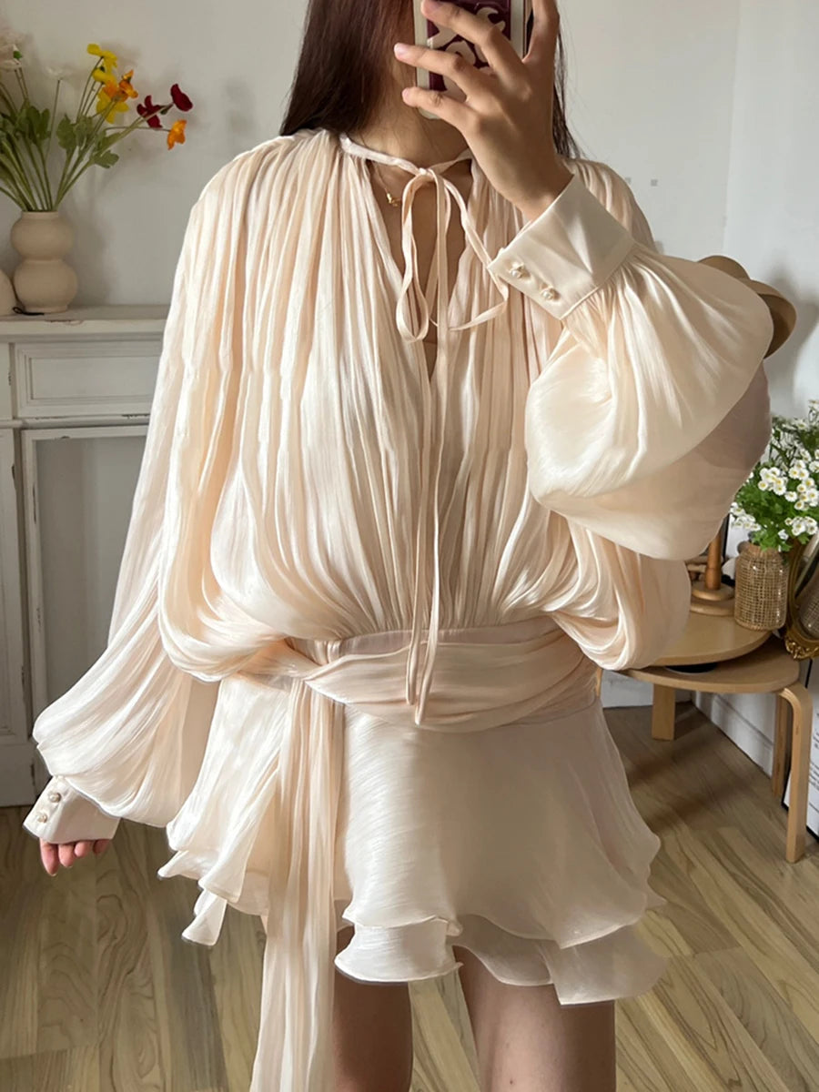 TWOTWINSTYLE Solid Blouse Mini Dresses For Women V Neck Long Sleeve Spliced Lace Up Sweet Style Dress Female Clothing Fashion
