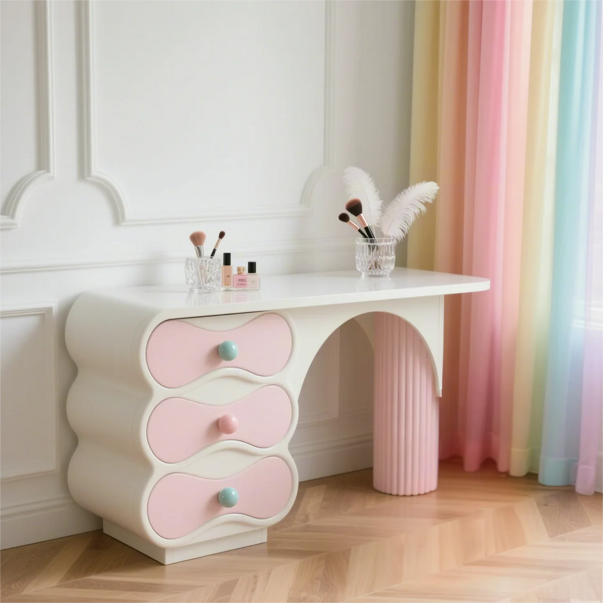 XX39New cream style pink solid wood chest integrated bedroom makeup table storage cabinet