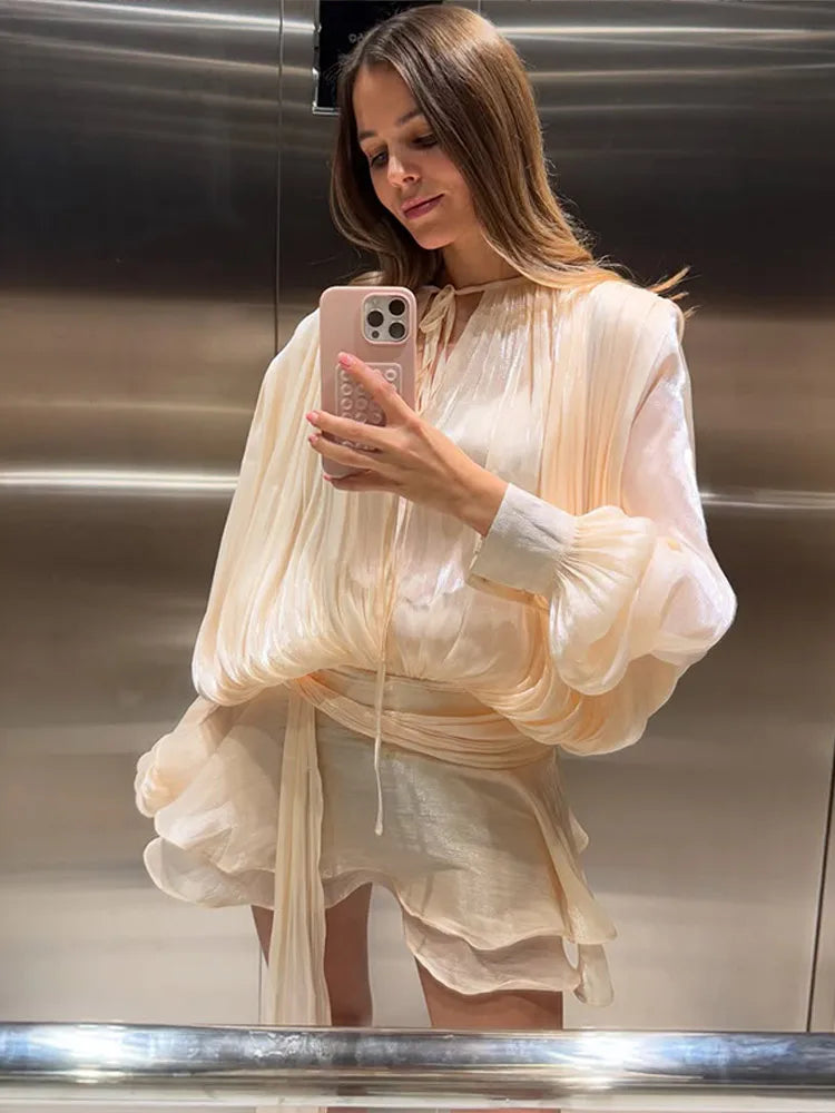 Stunning Shiny Ruffles Lace Up Mini Dress Women's Chic Loose Hollow Out A-line Pleated Vestidos Lady Summer Party Gowns 2026 New