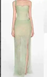 DEAT 2026 mesh dress for vacation,single straps high waist long vestido,pullover sheer fake two pieces party dresses