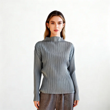 Miyake Pleated Turtle Neck Long Sleeve Top Stylish Black Lightweight Wrinkle Resistant Women's Casual Simple Fashion Shirt