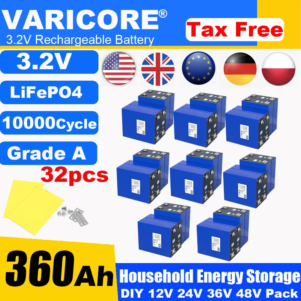 Grade A 3.2V 360AH 340Ah Battery LiFePO4 Lithium Iron Phospha for 12V 24V 4S E-scooter RV Solar Energy Storage System Duty-free