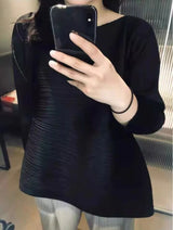 Miyake Pleated Round Neck Irregular Top Women Loose Casual T-shirt