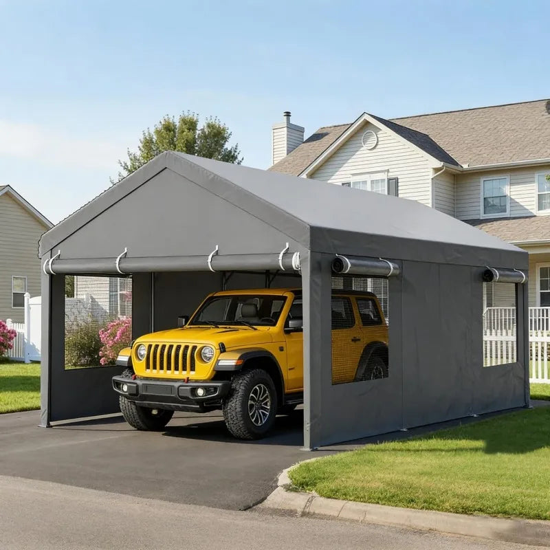 12x20 FT Carport, Heavy Duty Carport Canopy with Roll-up Windows, Portable Garage with Removable Sidewalls & Doors, Boat,Gray