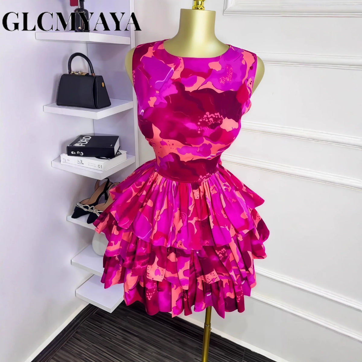 GLCMYAYA Women Floral Printed Sleeveless Cascading Ruffles Big Swing Ball Gown Dress 2025 Beach Vacation Holiday Vestido Dresses