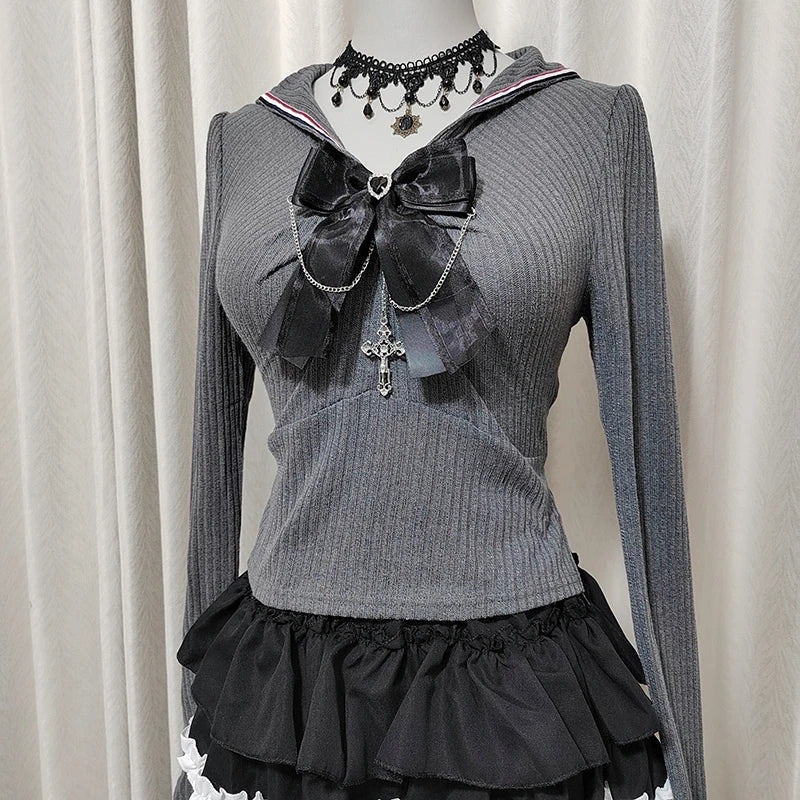 Kawaii Women T-Shirts Jirai Kei Lolita Y2K Cute Japanese Style Blouse Elegant Long Sleeve Sweet Tops Casual Aesthetic Shirt 2025