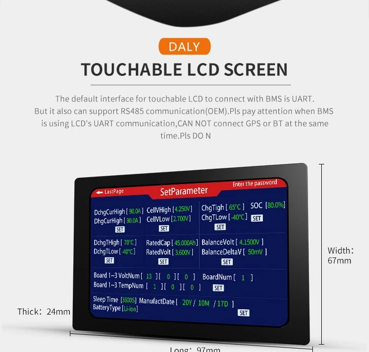 DALY Smart BMS Touch Screen For Li-ion Lithium LTO LiFePO4 48V 24V 12V 60V 72V 84V Bluetooth BMS