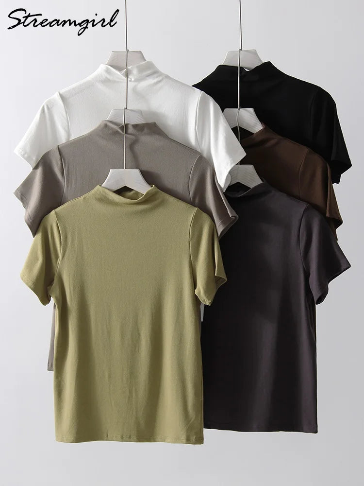 Modal Short Sleeve T Shirts Women Spring Summer 2025 Half Turtleneck White Top Tees For Ladies Slim Soft Women's Tshirts Basic