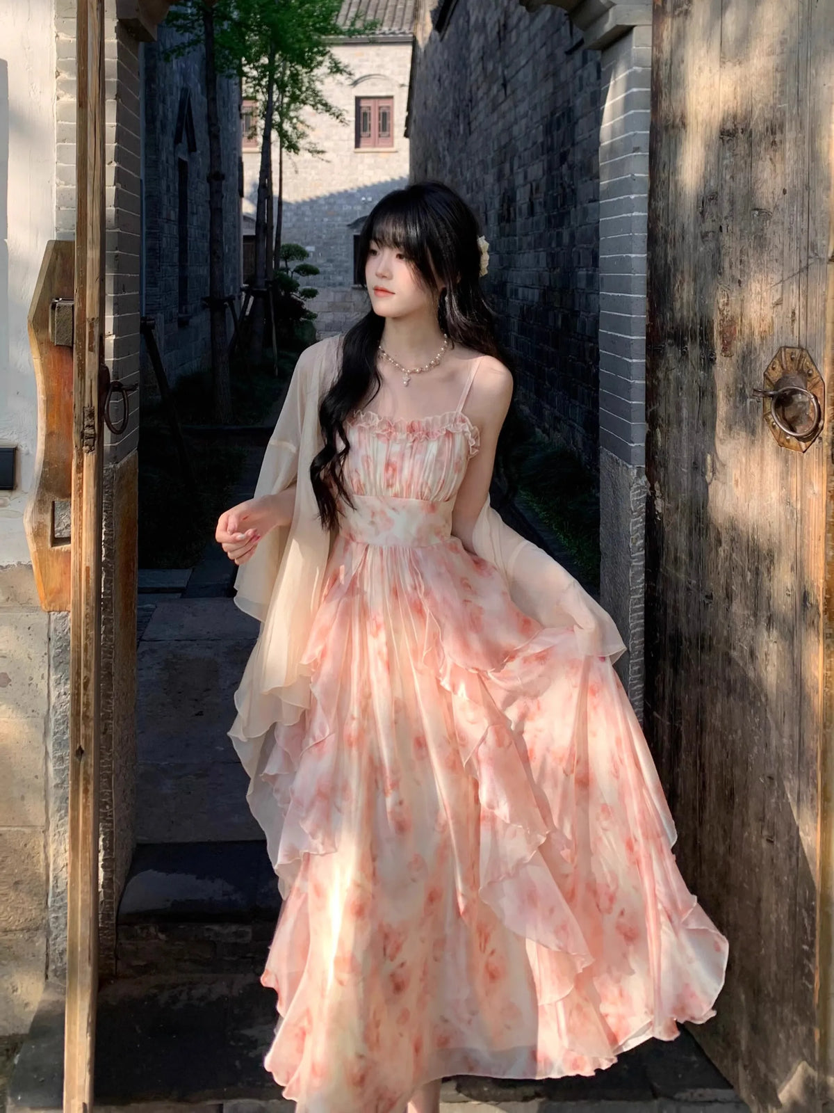 2025 Summer New Floral Printed Suspenders Dress Slim Women Holiday Beach Dress Korean Sleeveless Long Camisole Chiffon Dress