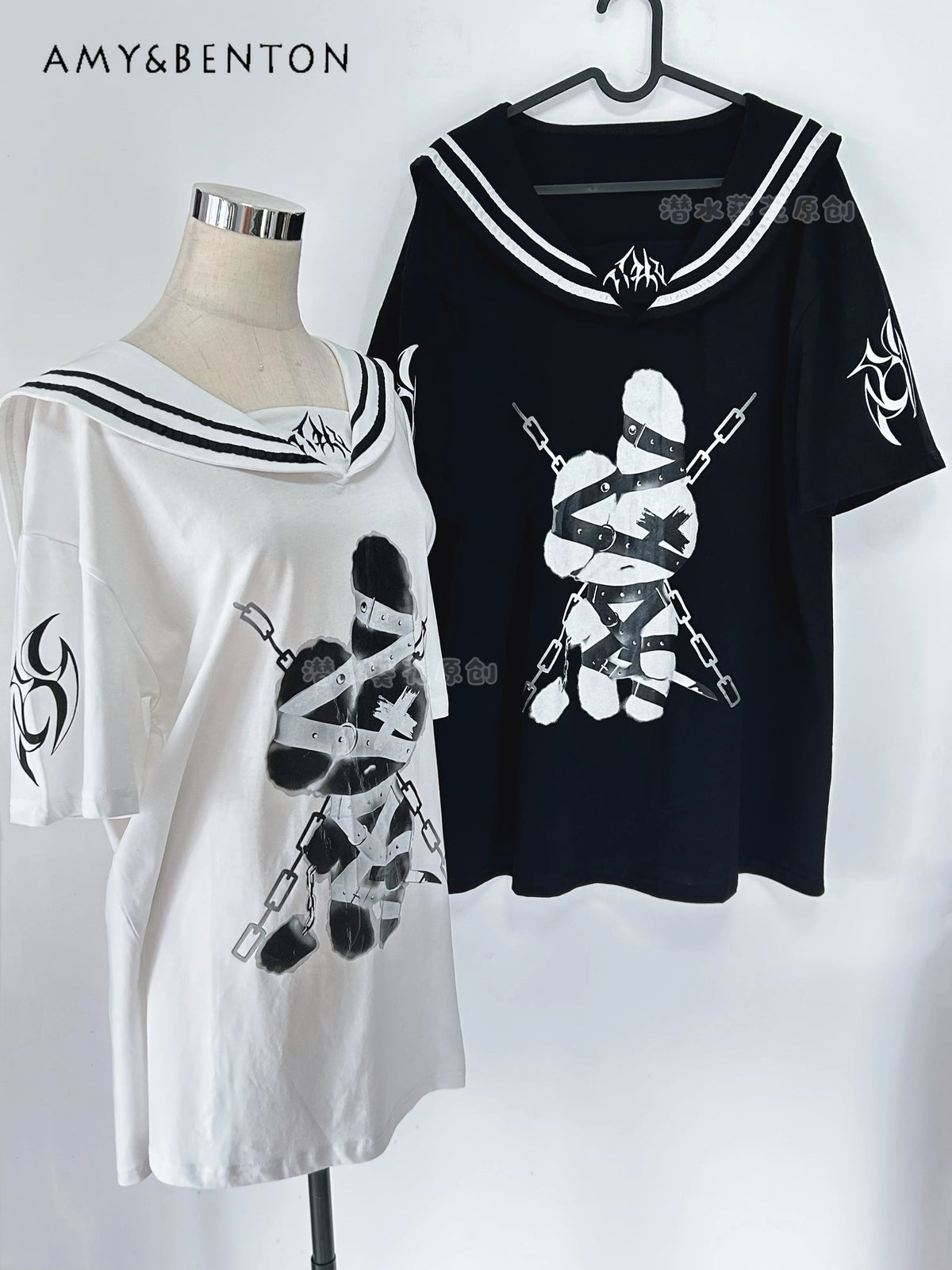 Subculture Navy Collar Goth Animation Printed Mine Series Short-sleeved T-shirt Summer Y2K Punk Style Oversized Japanese Top