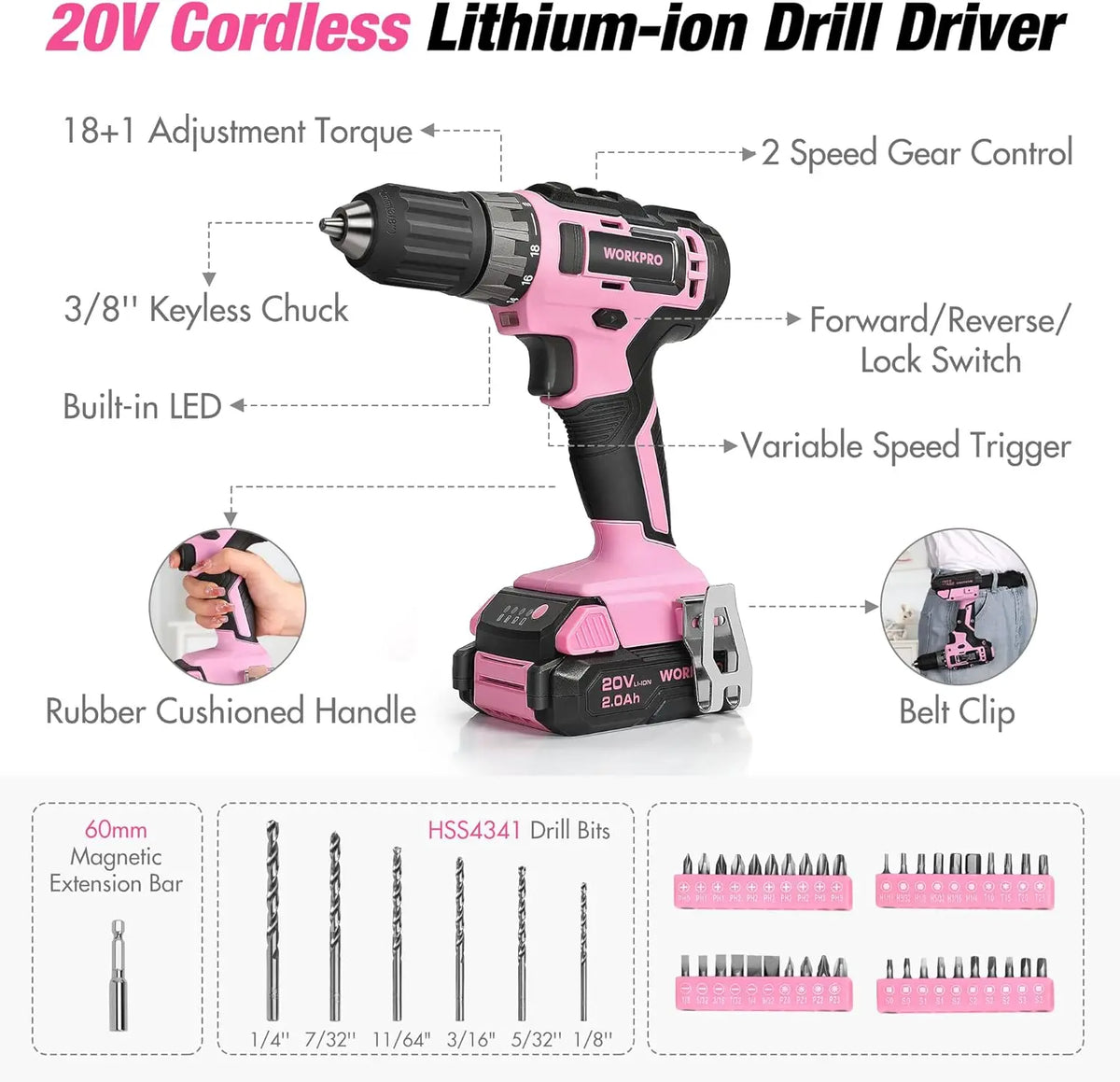 Pink Tool Kit with Cordless Drill, 157-Piece Home Repair Set for Women, Includes Storage Bag