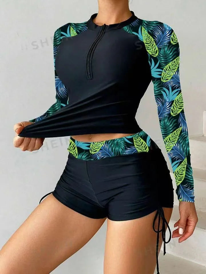 Circyy Bikini Set Women Printed Long Sleeve Spliced Bathing Suit High Waisted Drawstring Beach Shorts Swimwear 2026 Summer New