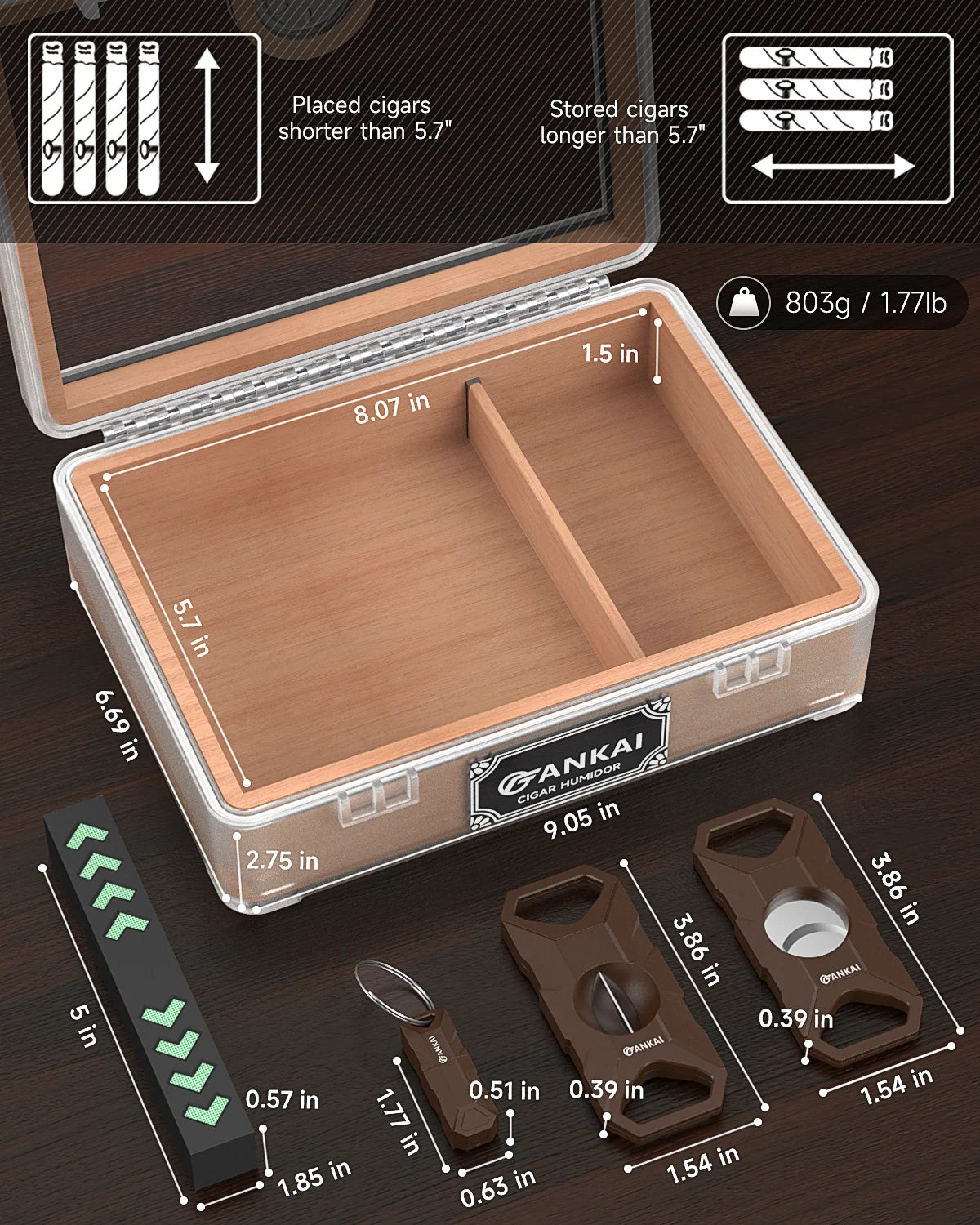 Humidor Cigar Box, with Straight Cutter Guillotine, V Cut, Puncher, Glass Top Case, Cedar Wood Lining, Humidifier Hygrometer