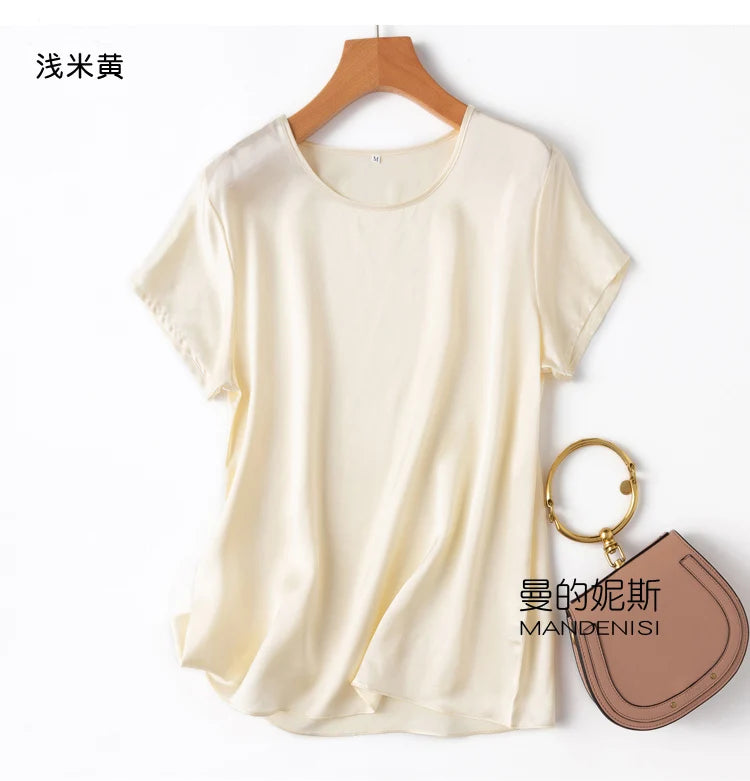 Benefits! Flowing Gem Series Basic Style Versatile Round Neck 100% Mulberry Silk Short Sleeve Silk Satin T-Shirt Top