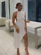Elegant Solid Sleeveless Midi Dress Fashion Draped High Neck Waist Cinched Dresses 2026 Summer New Lady Evening Party Gowns