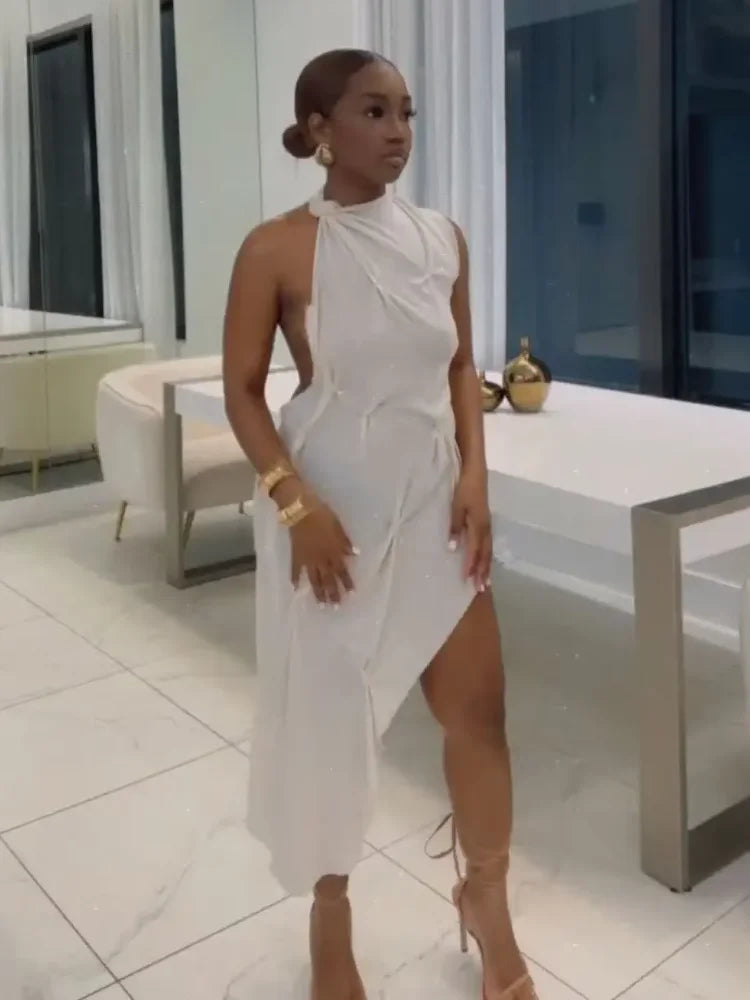 Elegant Solid Sleeveless Midi Dress Fashion Draped High Neck Waist Cinched Dresses 2026 Summer New Lady Evening Party Gowns