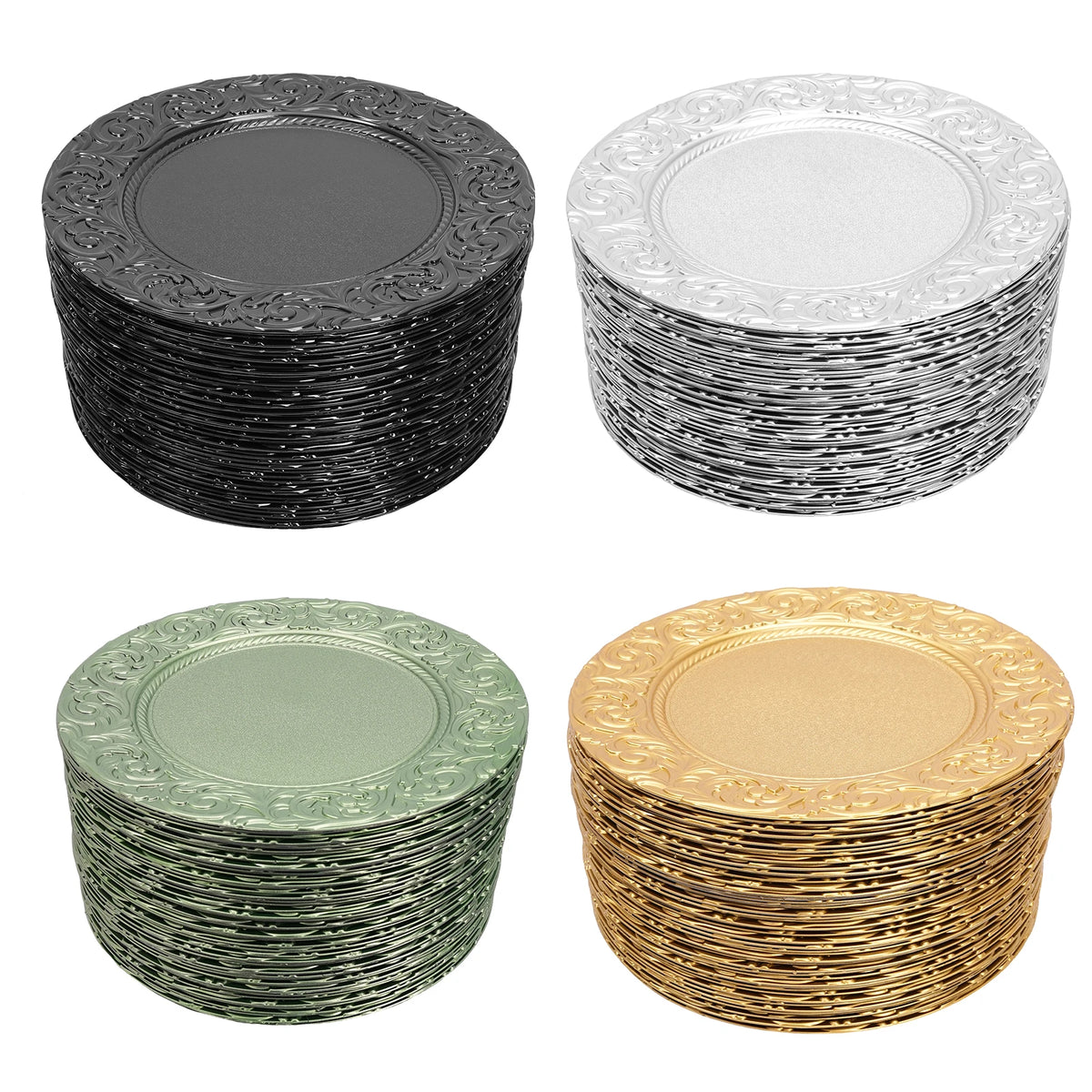 Charger Plates 100-Piece Set Round Reusable Serving Plates Gold Black Silver Green for Wedding Banquet Party Decor