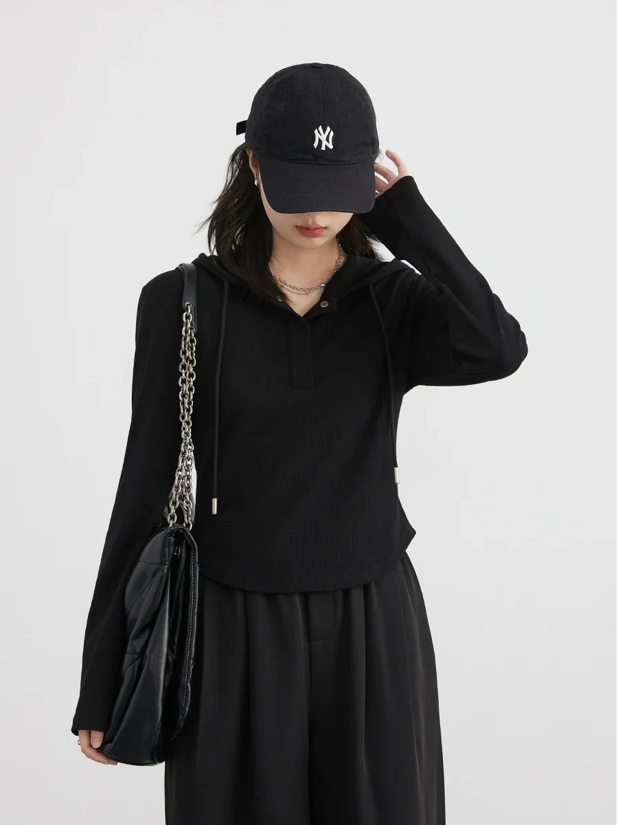 CHIC VEN Women T-Shirts New Casual Hooded Drawstring Layered Long Sleeved Slim Woman Knit Tees Female Tops Spring 2024