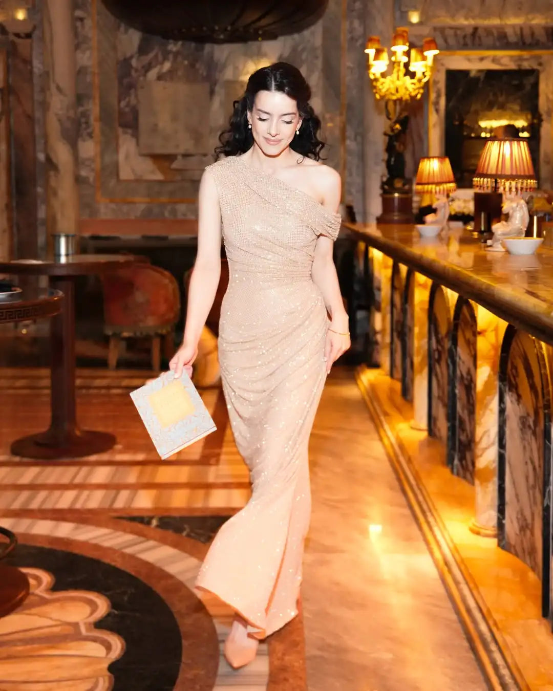 Mingmingxi Shiny Sequin Bodycon Maxi Dress One Shoulder Asymmetric Dress Luxury Draped Waist Formal Event Night Out Dress