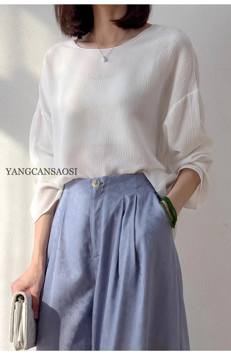 2025 Women's Leisure Summer New 100% Natural Mulberry Silk Bubble Crepe Long Sleeve Air Feel Loose Round Neck Solid T-shirt