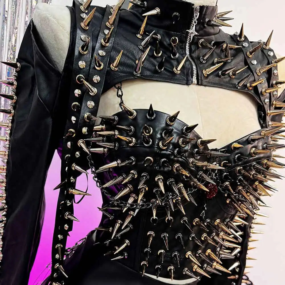 Women's Y2K Gothic Black PU Leather T-shirt Spiked Boho Emo Punk Rock Grunge Rave Festival Tops Bra with Spikes for Teens