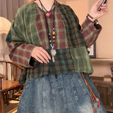 2026 New Arrival Spring & Autumn Women Casual Cotton Linen Plaid Patchwork Tops Tees All-matched O-neck Long Sleeve T-shirt YH79