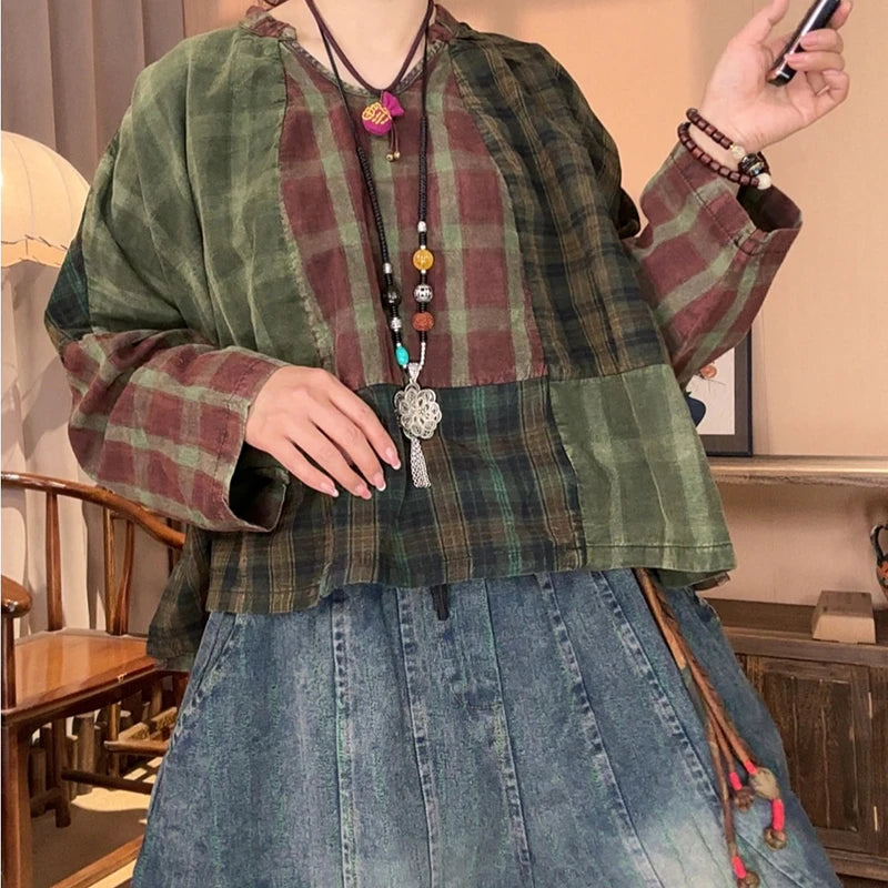 2026 New Arrival Spring & Autumn Women Casual Cotton Linen Plaid Patchwork Tops Tees All-matched O-neck Long Sleeve T-shirt YH79