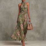 Elegant Halter Off Shoulder Hollow Party Dresses Woman Spring Floral Print Chiffon Long Dress Boho Sleeveless Summer Beach Dress