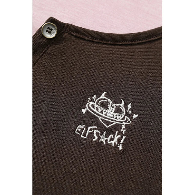 ELFSACK Women's Fake Two-Piece T-Shirt with Embroidered Cami Overlay, Tie Side Short Sleeve Top, Casual Slim Fit Tee for Streetw