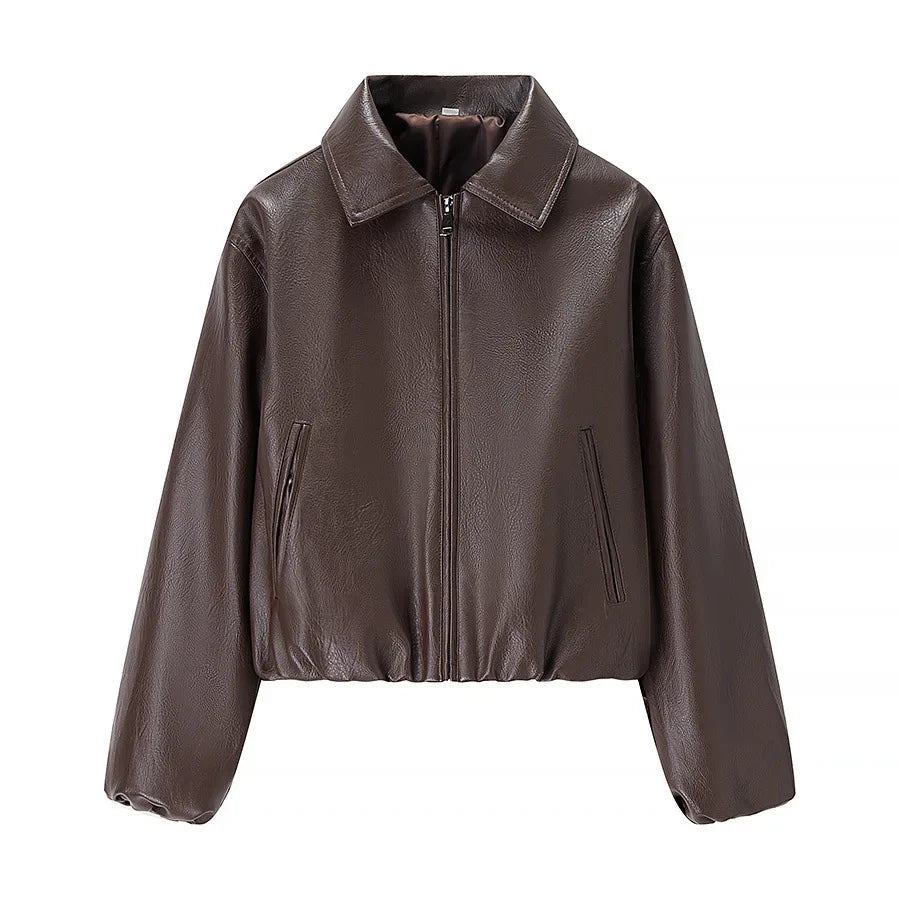 European and American style women's fashion loose-fit long-sleeve leather jacket with a collar