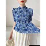 Printed Summer Pleated Top Comfortable Casual Split Loose T-Shirt Round Neck Short Sleeve Stretchy Tight Office Women's