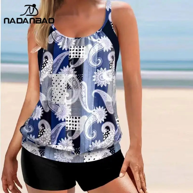Nadanbao Women's Floral Leaf Print Swimsuit Conservative Bikini Swimwear V Neck Crisscross Tankini Set Sports Swimming Suit