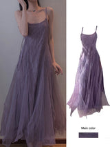 Slimming Effect Purple Mesh Ankle-Length Dress with Strap for plus Size Women Conceals Belly A-Line Gown Korean Style Commute...